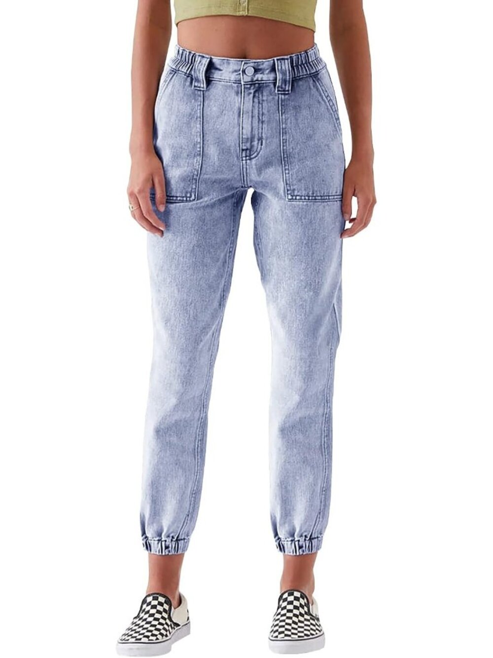 Women's Light Blue Denim Drawstring Elastic Y2k Pull On High Waisted Baggy Jeans